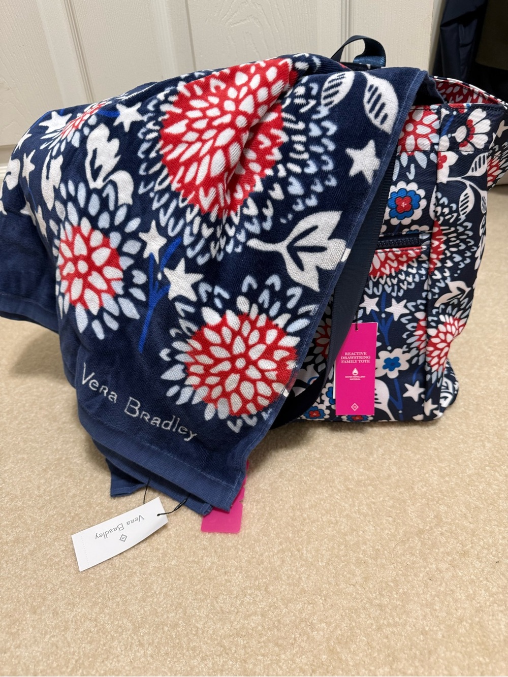 Vera Bradley Navy, Red & White Floral Beach Towel and Tote Set NWT